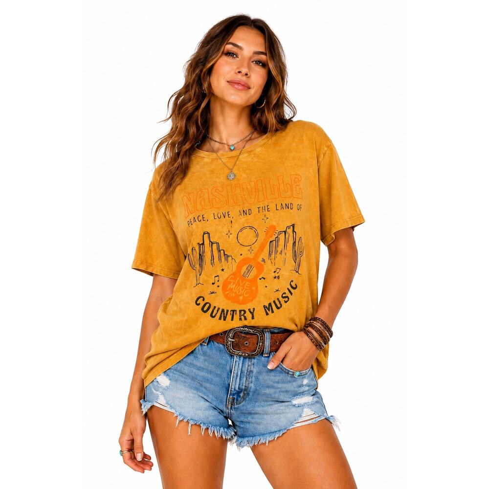 HRT & LUV Nashville Country Music Graphic Tee Acid Wash Boho Western Shirt Large